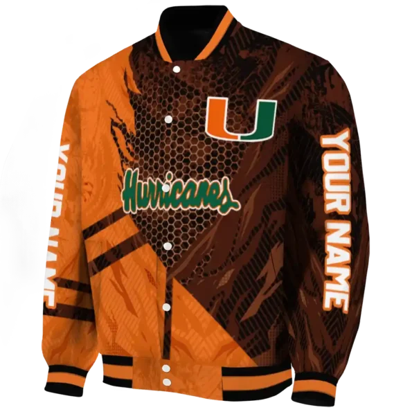 personalized miami hurricanes hexagon mesh orange black varsity jacket best selling