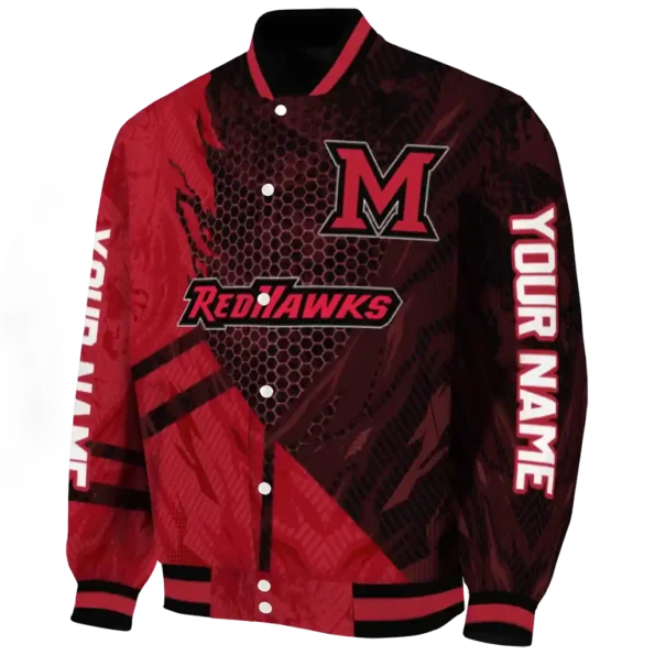 personalized miami redhawks hexagon mesh red black varsity jacket best selling