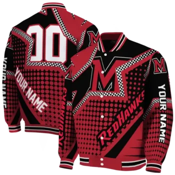 personalized miami redhawks star burst red varsity jacket fashion forward.webp