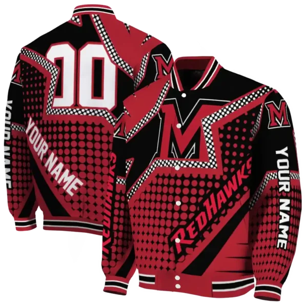 personalized miami redhawks star burst red varsity jacket fashion forward.webp