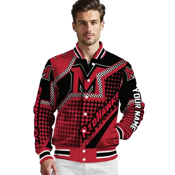 personalized miami redhawks star burst red varsity jacket high quality.webp
