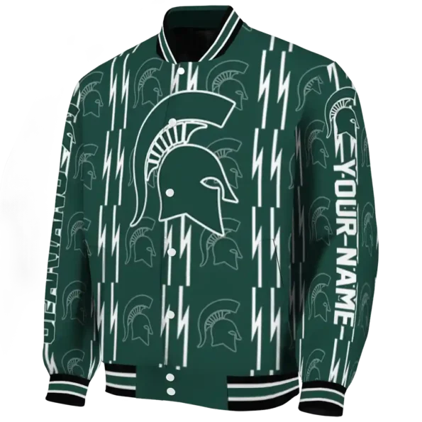 personalized michigan state spartans bolt stripe green varsity jacket best selling