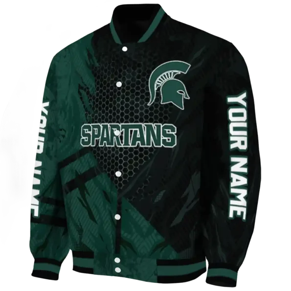 personalized michigan state spartans hexagon mesh green black varsity jacket best selling