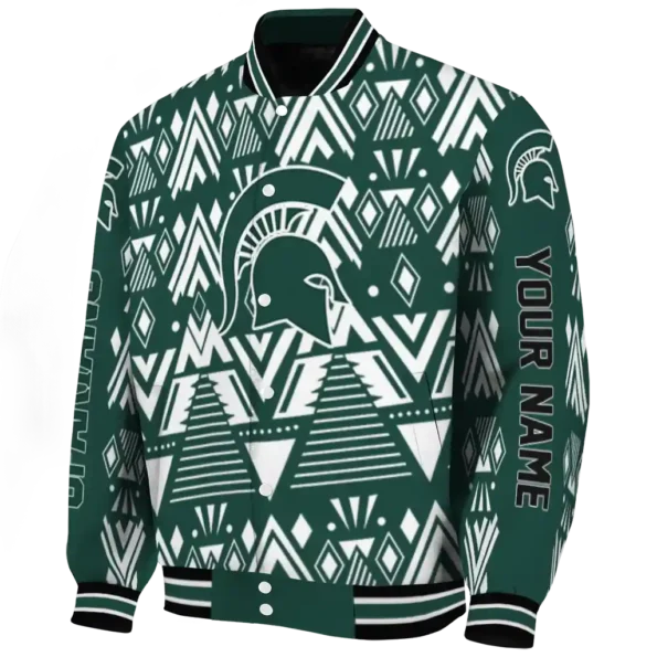 personalized michigan state spartans pyramid shapes green varsity jacket best selling.webp