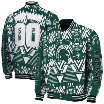 personalized michigan state spartans pyramid shapes green varsity jacket fashion forward.webp