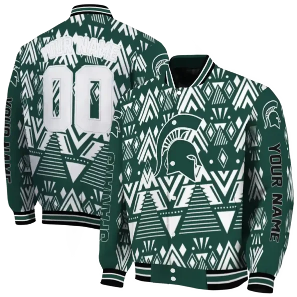 personalized michigan state spartans pyramid shapes green varsity jacket fashion forward.webp