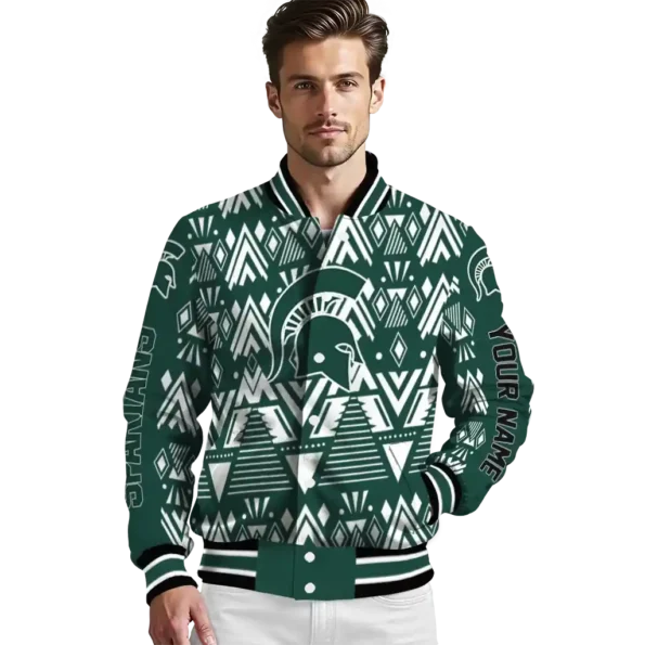 personalized michigan state spartans pyramid shapes green varsity jacket high quality.webp