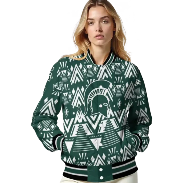 personalized michigan state spartans pyramid shapes green varsity jacket latest model.webp