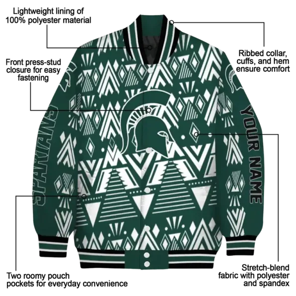 personalized michigan state spartans pyramid shapes green varsity jacket new arrival.webp