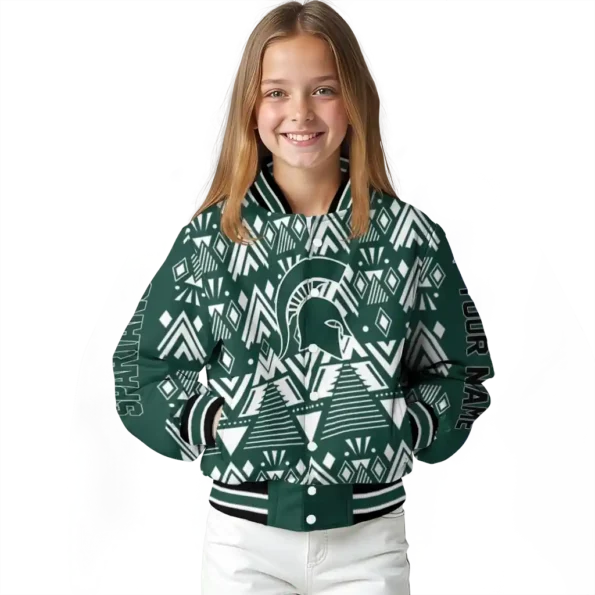 personalized michigan state spartans pyramid shapes green varsity jacket top rated.webp