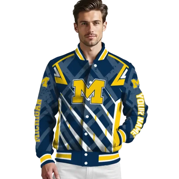 personalized michigan wolverines chevron angles blue varsity jacket high quality.webp
