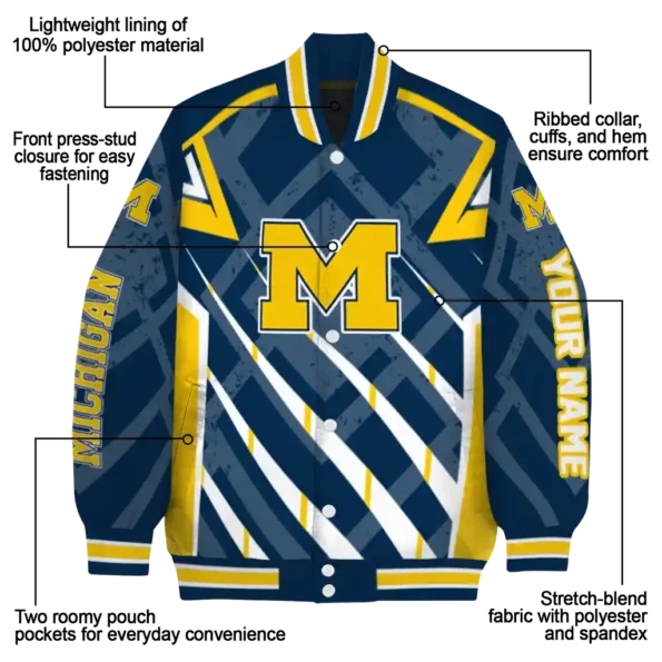 personalized michigan wolverines chevron angles blue varsity jacket new arrival.webp