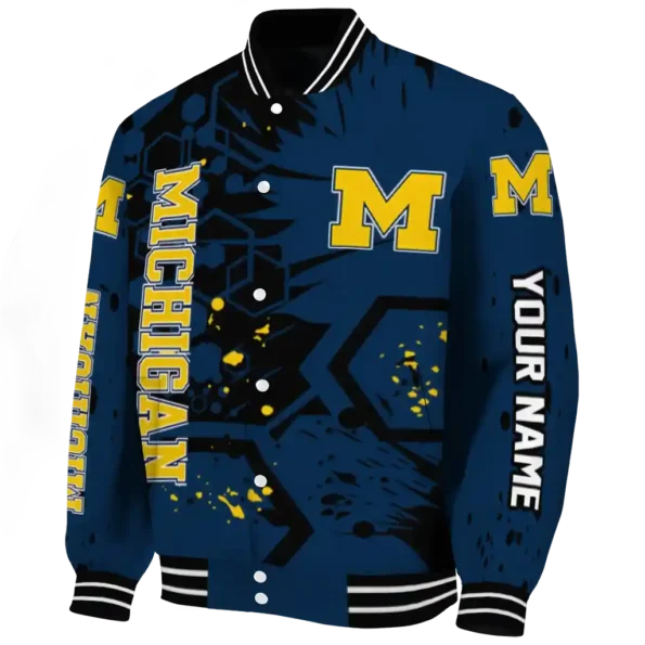 personalized michigan wolverines hexagon cluster blue black varsity jacket best selling
