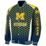 personalized michigan wolverines hexagon grid blue varsity jacket best selling.webp