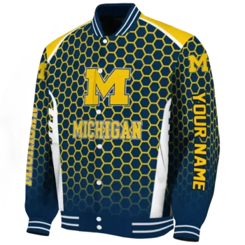 personalized michigan wolverines hexagon grid blue varsity jacket best selling.webp