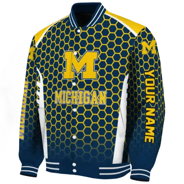 personalized michigan wolverines hexagon grid blue varsity jacket best selling.webp