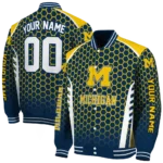 personalized michigan wolverines hexagon grid blue varsity jacket best selling.webp