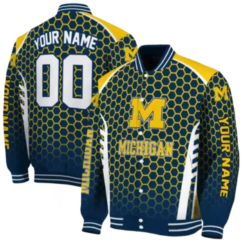 personalized michigan wolverines hexagon grid blue varsity jacket fashion forward.webp