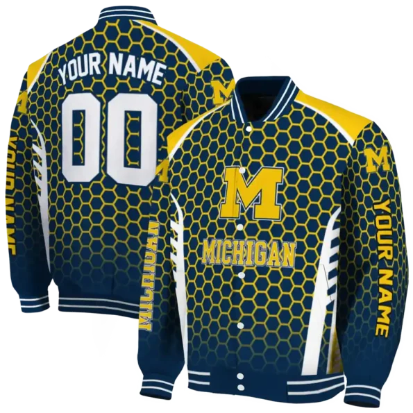 personalized michigan wolverines hexagon grid blue varsity jacket fashion forward.webp