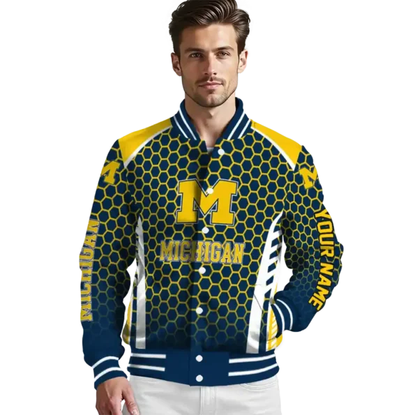 personalized michigan wolverines hexagon grid blue varsity jacket high quality.webp