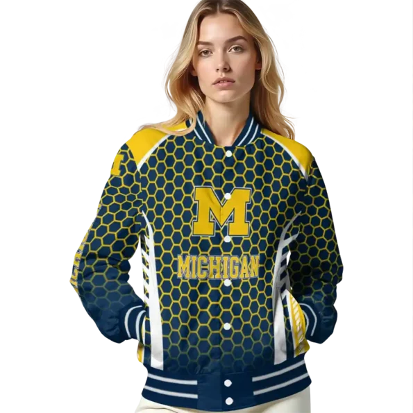 personalized michigan wolverines hexagon grid blue varsity jacket latest model.webp