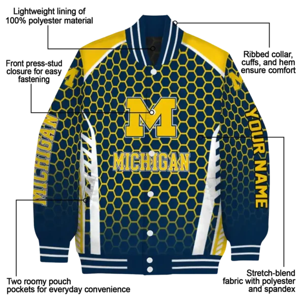 personalized michigan wolverines hexagon grid blue varsity jacket new arrival.webp