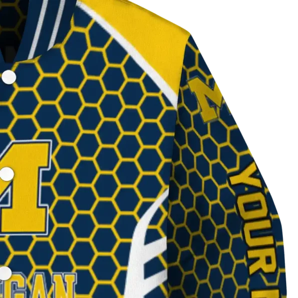 personalized michigan wolverines hexagon grid blue varsity jacket premium grade.webp