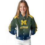 personalized michigan wolverines hexagon grid blue varsity jacket best selling.webp