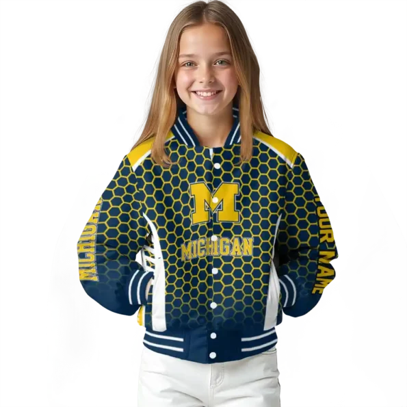 personalized michigan wolverines hexagon grid blue varsity jacket top rated.webp
