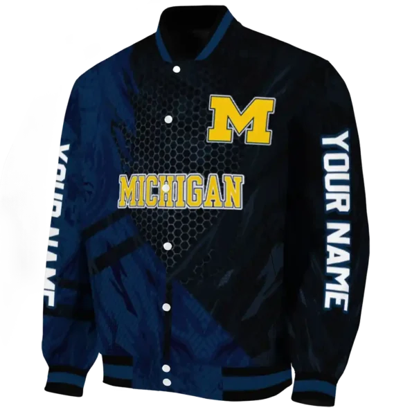 personalized michigan wolverines hexagon mesh blue black varsity jacket best selling
