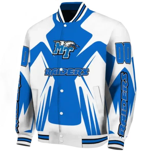 personalized middle tennessee blue raiders spider mark blue white varsity jacket best selling
