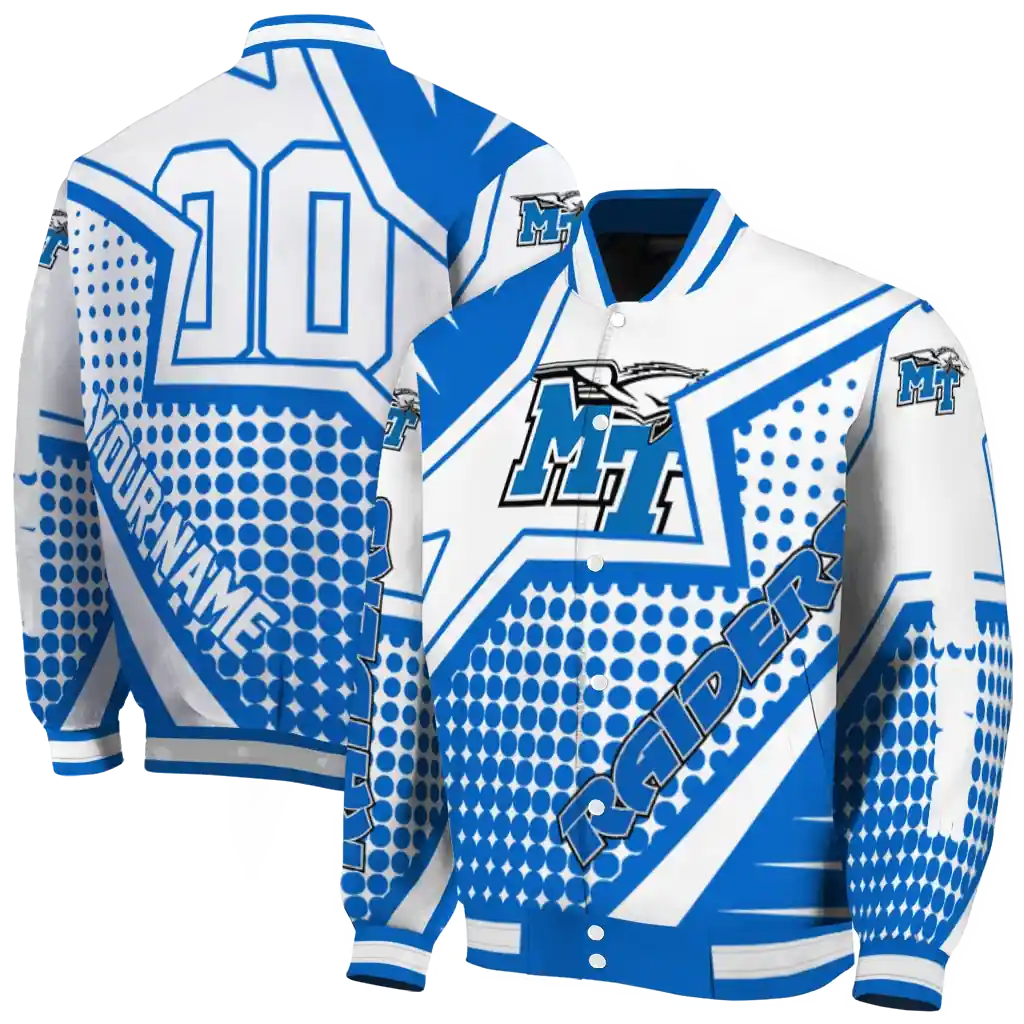 personalized middle tennessee blue raiders star burst blue varsity jacket fashion forward.webp personalized middle tennessee blue raiders star burst blue varsity jacket fashion forward.webp
