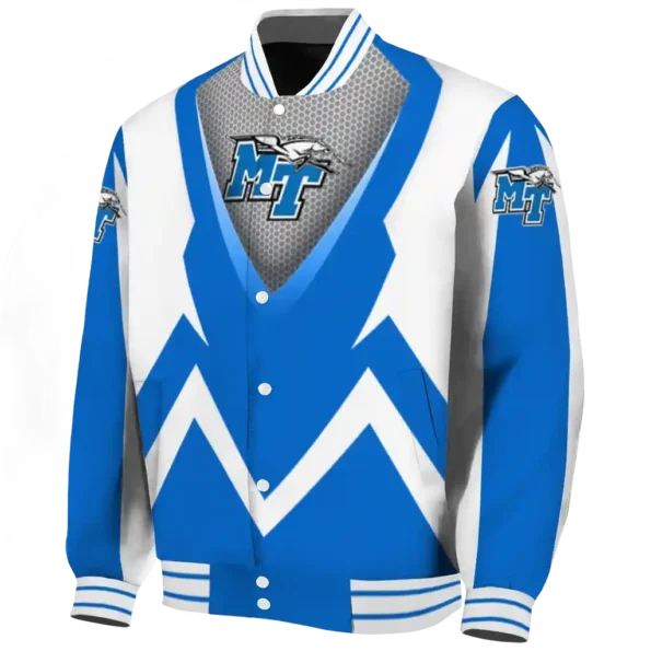 personalized middle tennessee blue raiders v stripes blue white varsity jacket best selling