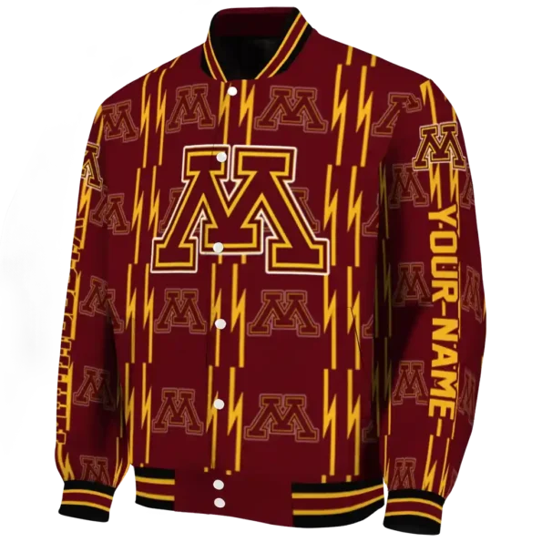 personalized minnesota golden gophers bolt stripe maroon varsity jacket best selling