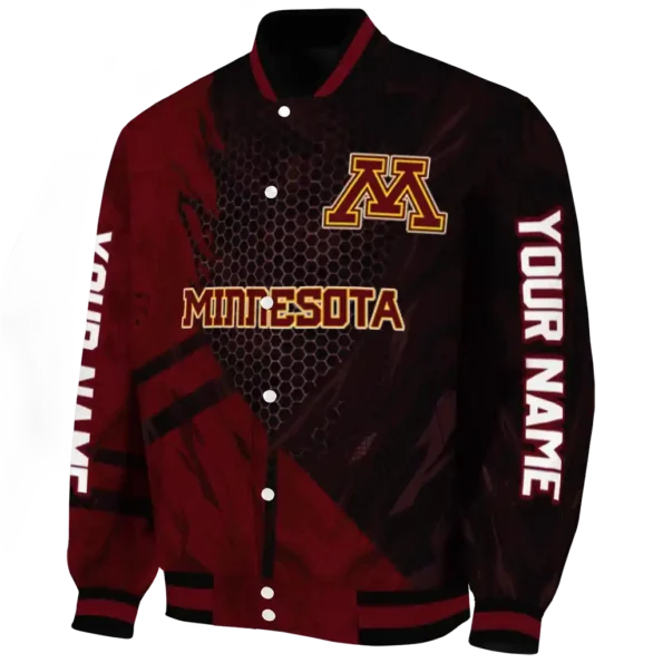 personalized minnesota golden gophers hexagon mesh maroon black varsity jacket best selling
