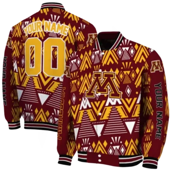 personalized minnesota golden gophers pyramid shapes maroon varsity jacket fashion forward.webp