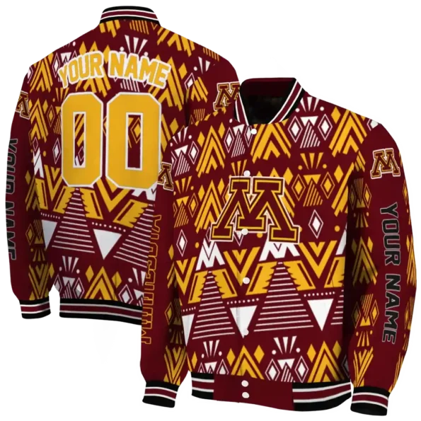 personalized minnesota golden gophers pyramid shapes maroon varsity jacket fashion forward.webp