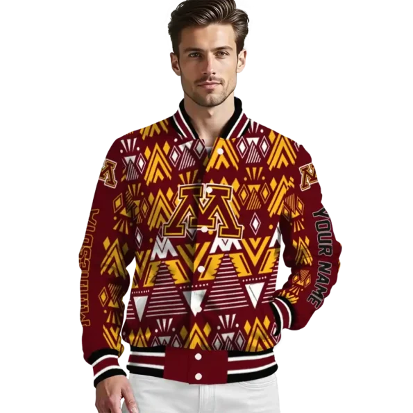 personalized minnesota golden gophers pyramid shapes maroon varsity jacket high quality.webp