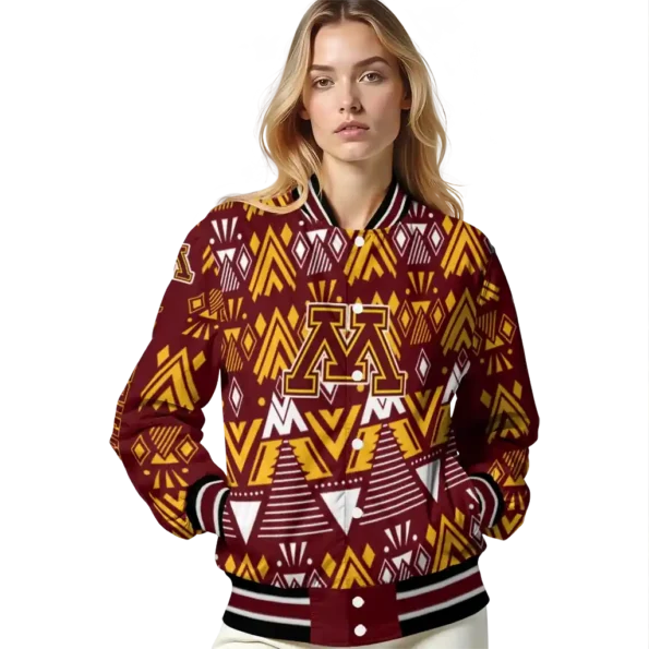 personalized minnesota golden gophers pyramid shapes maroon varsity jacket latest model.webp