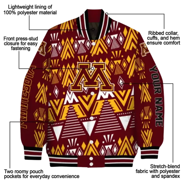 personalized minnesota golden gophers pyramid shapes maroon varsity jacket new arrival.webp