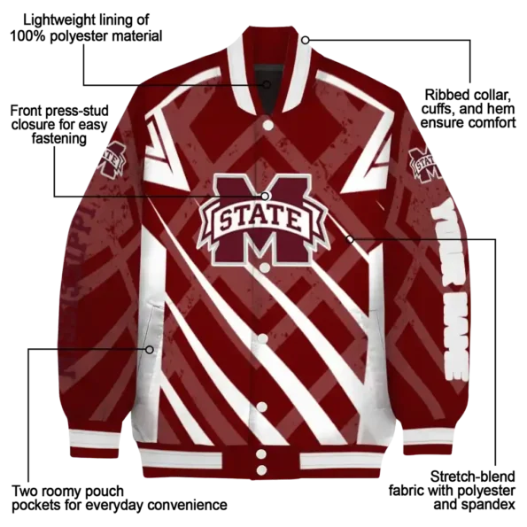 personalized mississippi state bulldogs chevron angles maroon varsity jacket new arrival.webp
