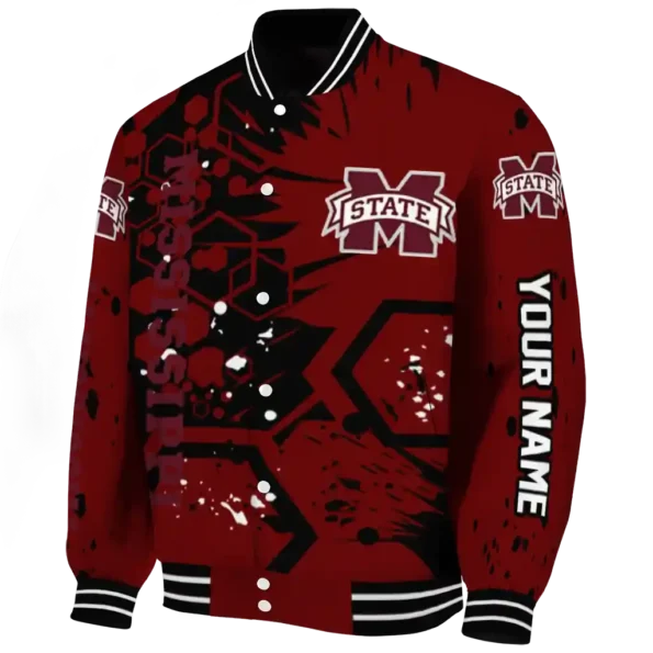 personalized mississippi state bulldogs hexagon cluster maroon black varsity jacket best selling