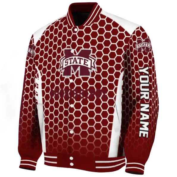 personalized mississippi state bulldogs hexagon grid maroon varsity jacket best selling.webp
