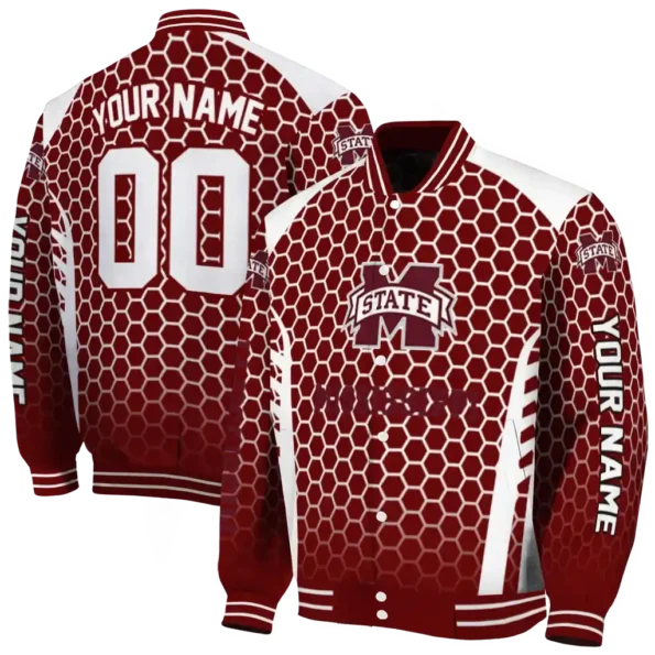 personalized mississippi state bulldogs hexagon grid maroon varsity jacket fashion forward.webp
