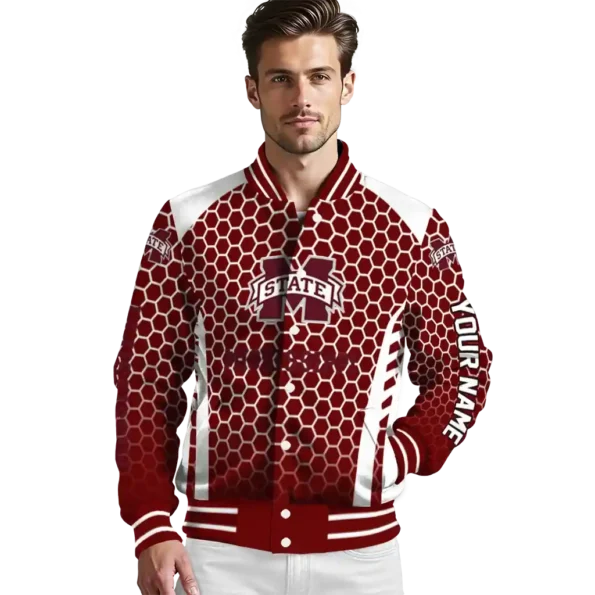 personalized mississippi state bulldogs hexagon grid maroon varsity jacket high quality.webp