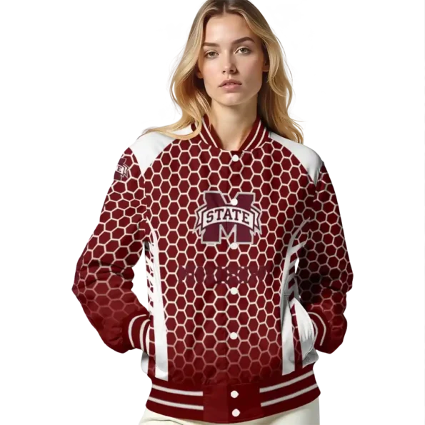 personalized mississippi state bulldogs hexagon grid maroon varsity jacket latest model.webp