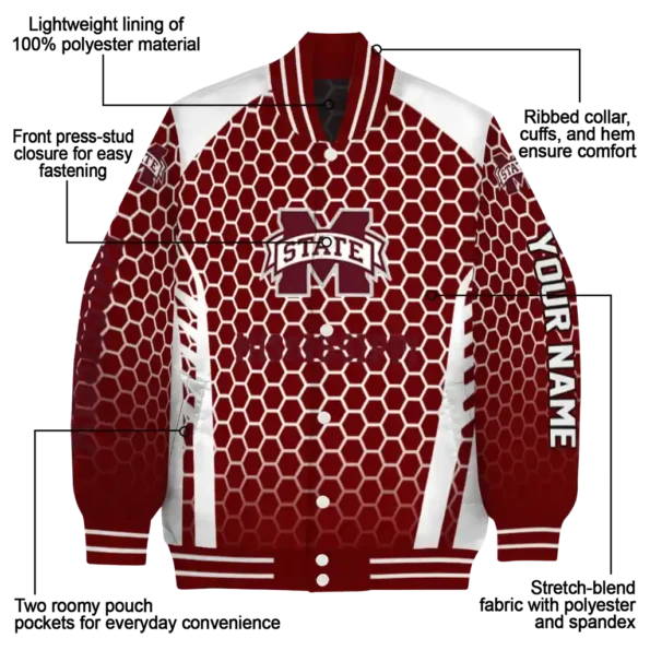 personalized mississippi state bulldogs hexagon grid maroon varsity jacket new arrival.webp