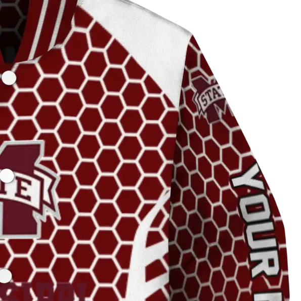 personalized mississippi state bulldogs hexagon grid maroon varsity jacket premium grade.webp
