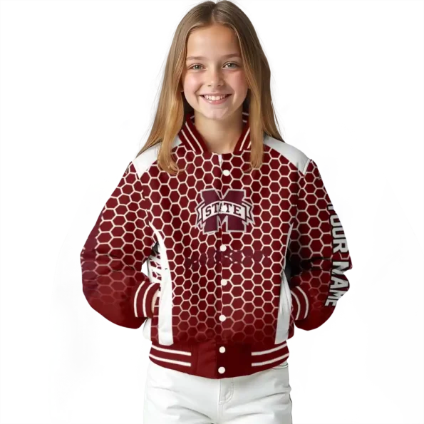 personalized mississippi state bulldogs hexagon grid maroon varsity jacket top rated.webp