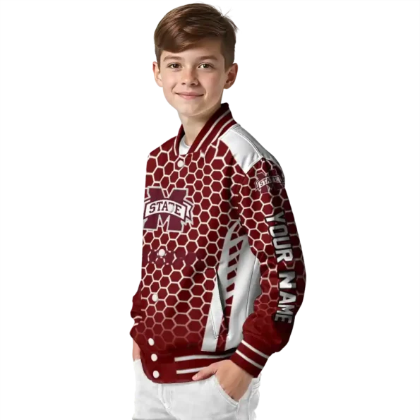 personalized mississippi state bulldogs hexagon grid maroon varsity jacket trendy.webp